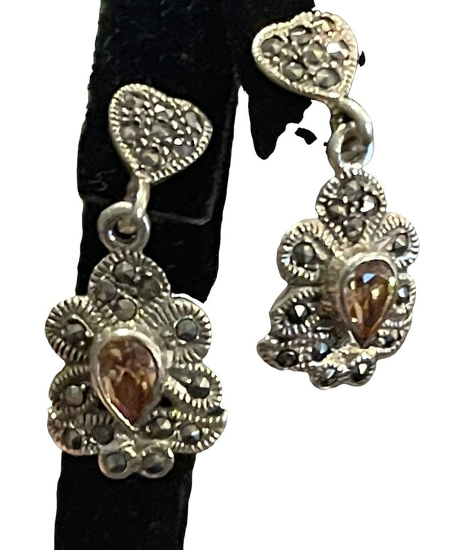 Sterling silver 925  citrine glass marcasite fancy dangle pierced earrin…