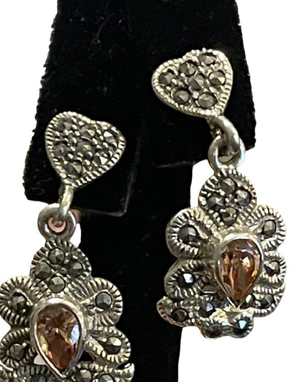 Sterling silver 925  citrine glass marcasite fancy dangle pierced earrin…