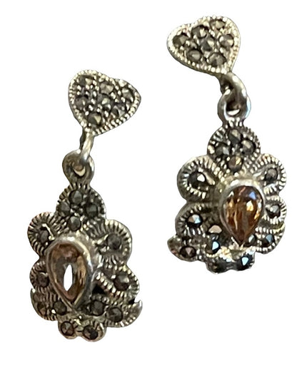 Sterling silver 925  citrine glass marcasite fancy dangle pierced earrin…