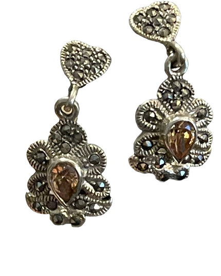 Sterling silver 925  citrine glass marcasite fancy dangle pierced earrin…