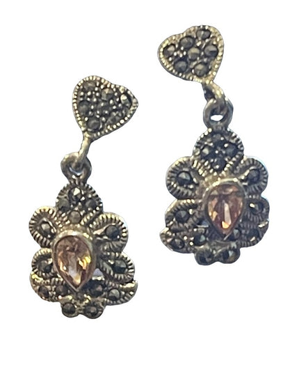 Sterling silver 925  citrine glass marcasite fancy dangle pierced earrin…