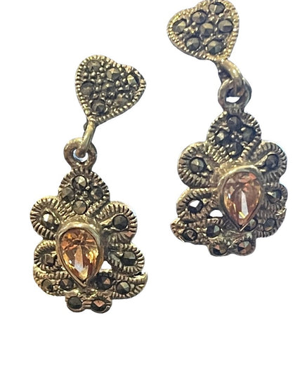 Sterling silver 925  citrine glass marcasite fancy dangle pierced earrin…
