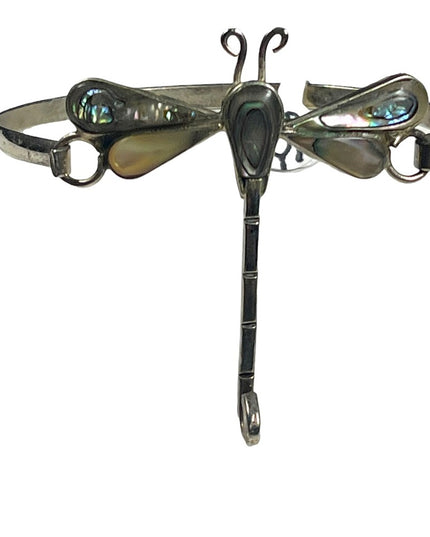 Vintage 1960s Mexico Alpaca silver Dagonfly abalone bangle bracelet