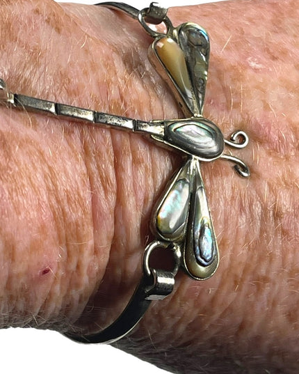 Vintage 1960s Mexico Alpaca silver Dagonfly abalone bangle bracelet