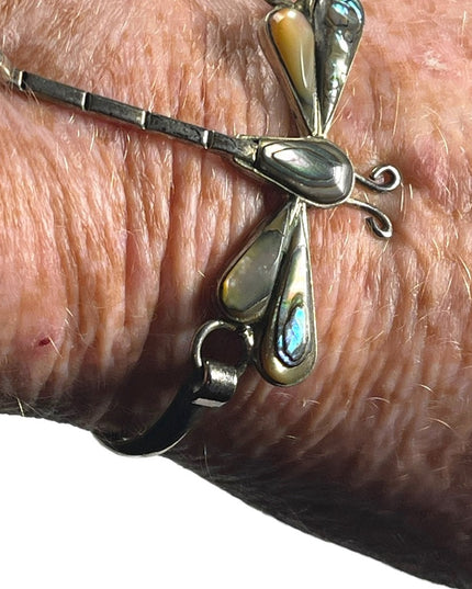 Vintage 1960s Mexico Alpaca silver Dagonfly abalone bangle bracelet