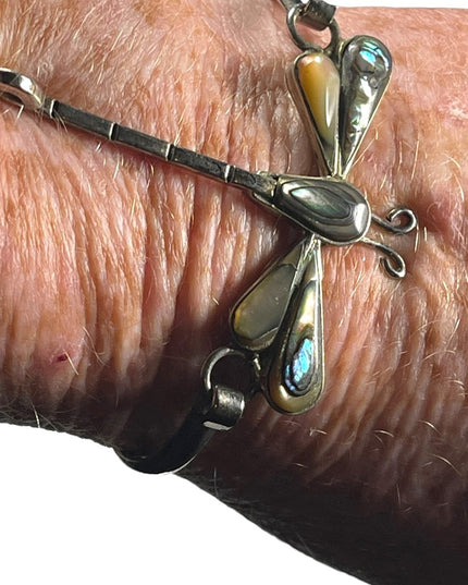 Vintage 1960s Mexico Alpaca silver Dagonfly abalone bangle bracelet