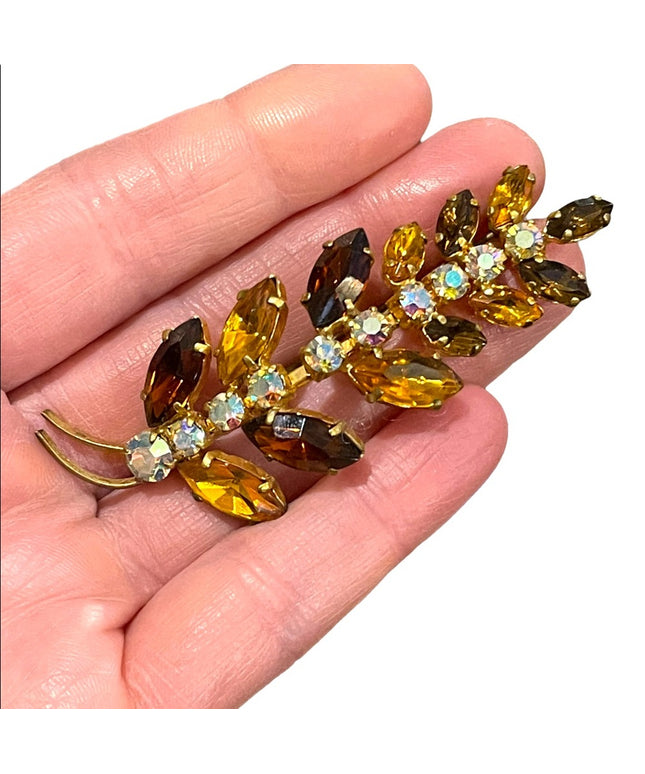 Vintage 1960s Amber brown color gold finish leaf AB crystal brooch