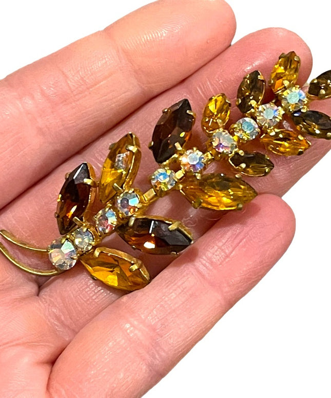 Vintage 1960s Amber brown color gold finish leaf AB crystal brooch