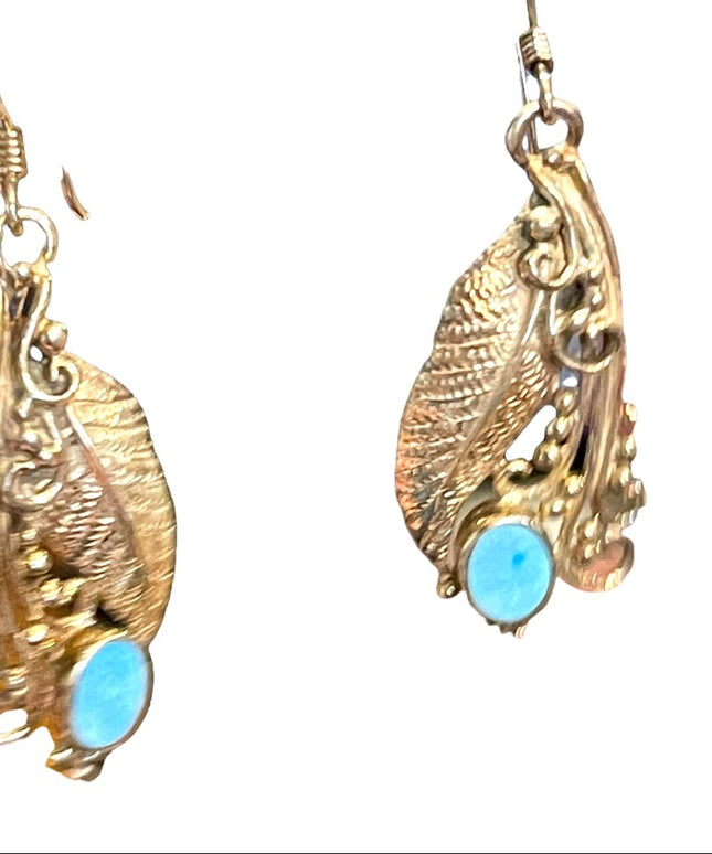 Vintage Sterling Silver 925 leaf Native American Earrings turquois Navajo