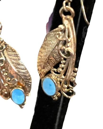 Vintage Sterling Silver 925 leaf Native American Earrings turquois Navajo