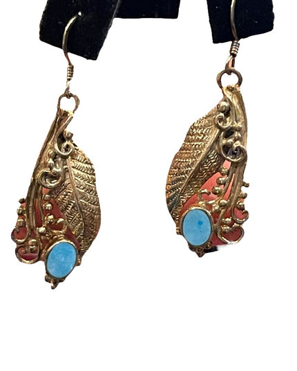 Vintage Sterling Silver 925 leaf Native American Earrings turquois Navajo
