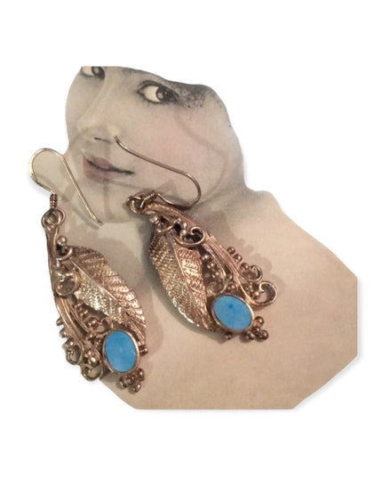 Vintage Sterling Silver 925 leaf Native American Earrings turquois Navajo