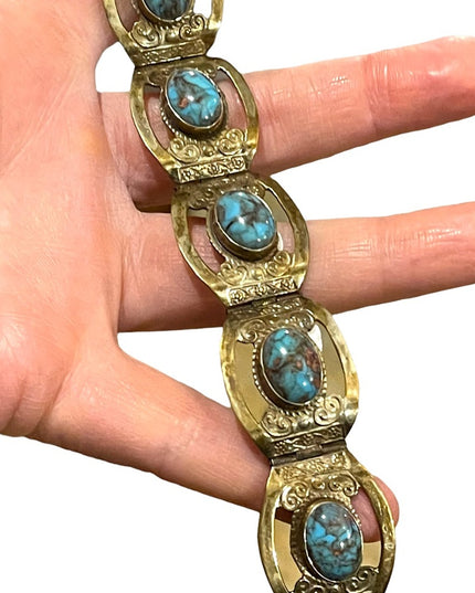 Vintage 1960s Mexico Silver Alpaca turquois fancy bangle bracelet