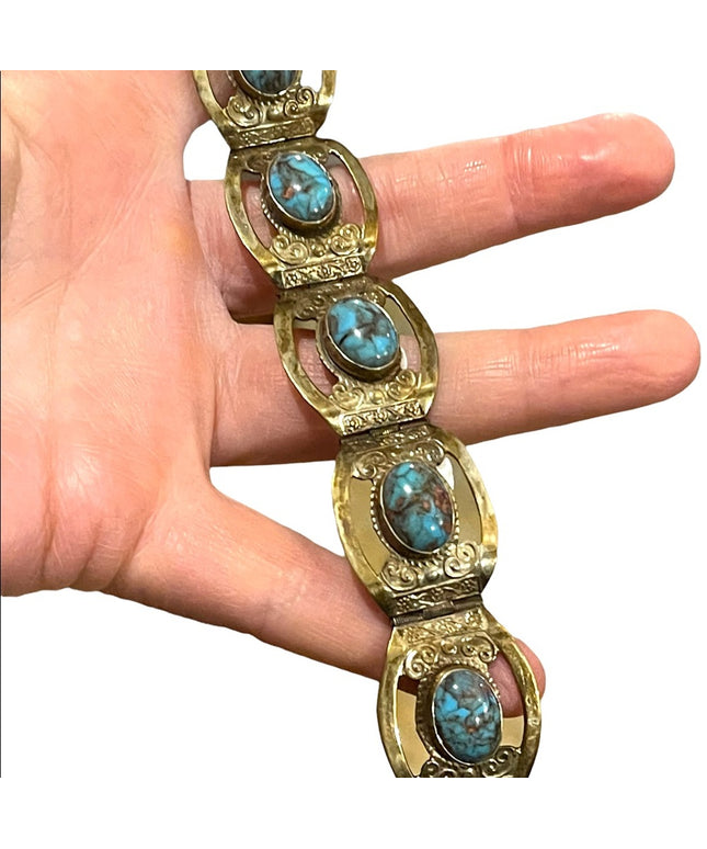 Vintage 1960s Mexico Silver Alpaca turquois fancy bangle bracelet