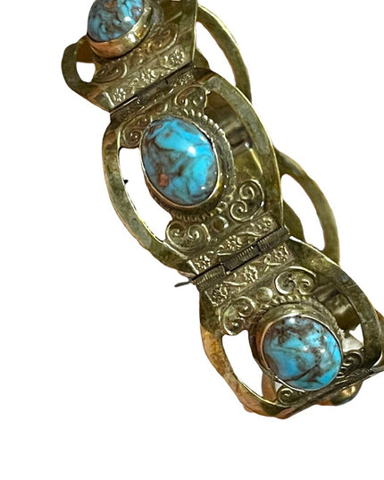Vintage 1960s Mexico Silver Alpaca turquois fancy bangle bracelet