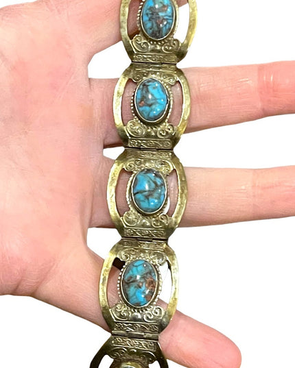 Vintage 1960s Mexico Silver Alpaca turquois fancy bangle bracelet