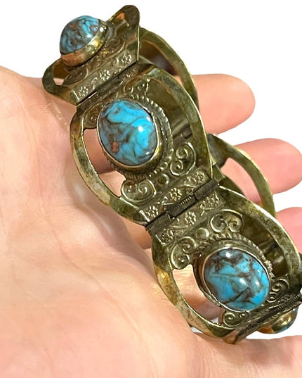 Vintage 1960s Mexico Silver Alpaca turquois fancy bangle bracelet