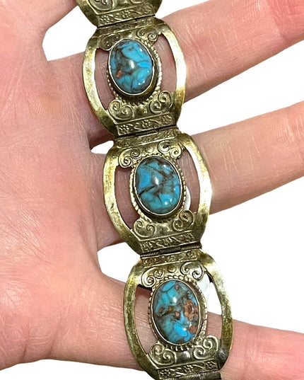 Vintage 1960s Mexico Silver Alpaca turquois fancy bangle bracelet
