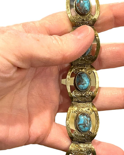 Vintage 1960s Mexico Silver Alpaca turquois fancy bangle bracelet