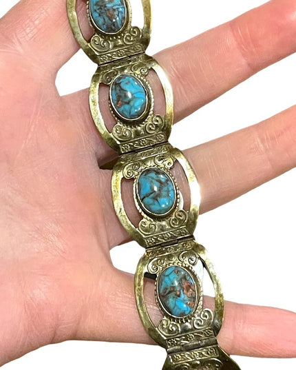 Vintage 1960s Mexico Silver Alpaca turquois fancy bangle bracelet