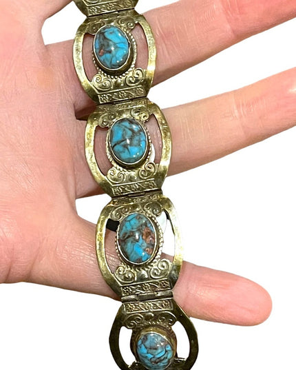 Vintage 1960s Mexico Silver Alpaca turquois fancy bangle bracelet