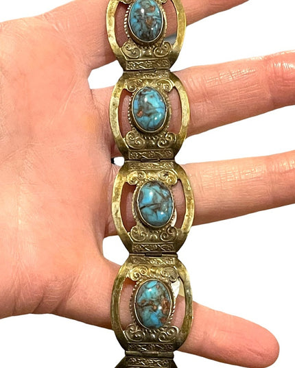 Vintage 1960s Mexico Silver Alpaca turquois fancy bangle bracelet