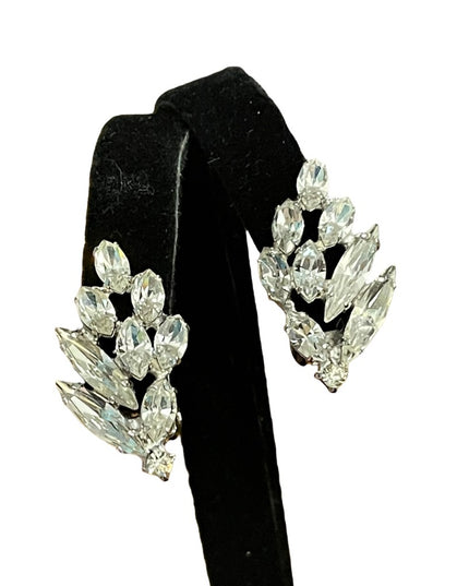 Vintage 1950s SHERMAN clear crystal leaf earrings silver finish clip ons