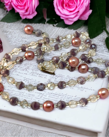 Vintage C1950s 2 strand crystal faux pearl purple fancy crystal necklace