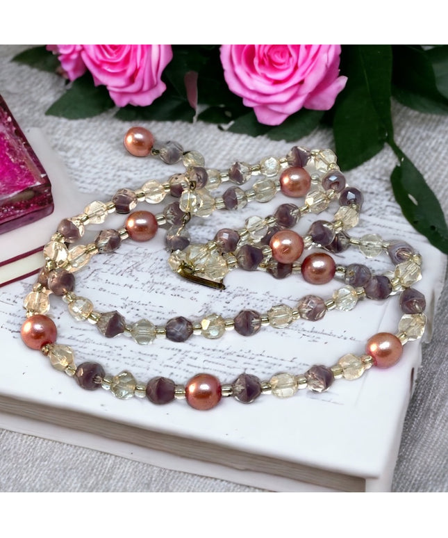 Vintage C1950s 2 strand crystal faux pearl purple fancy crystal necklace