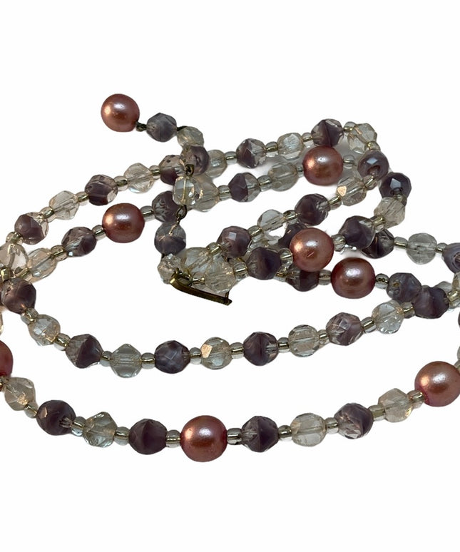 Vintage C1950s 2 strand crystal faux pearl purple fancy crystal necklace