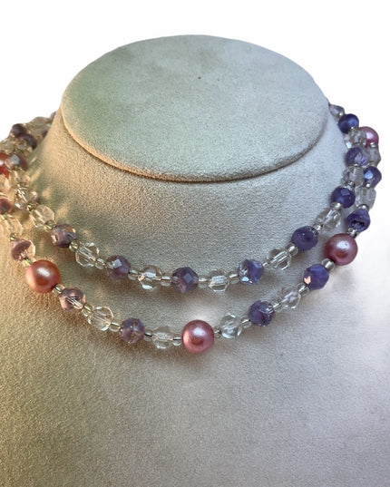 Vintage C1950s 2 strand crystal faux pearl purple fancy crystal necklace