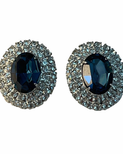 Vintage crystal earrings blue clear silver finish rhinestones