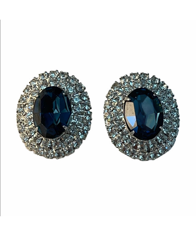 Vintage crystal earrings blue clear silver finish rhinestones
