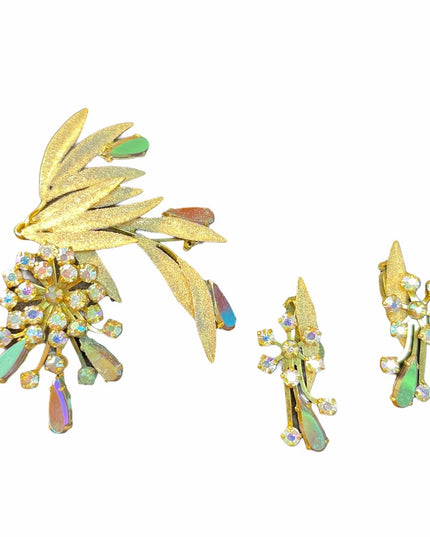Lovely Vintage C1950s Triad Gold AB crystal fancy brooch set