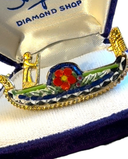 - Vintage C1950s Italian glass Mosaic gondola brooch gold finish