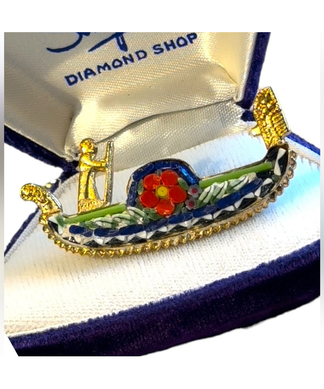 - Vintage C1950s Italian glass Mosaic gondola brooch gold finish