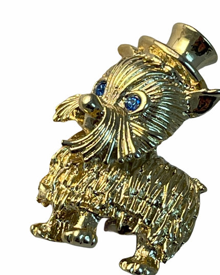 Vintage lovely C1970s gold tone dog brooch with rhinestone eyes