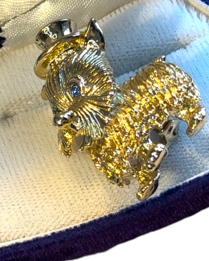 Vintage lovely C1970s gold tone dog brooch with rhinestone eyes