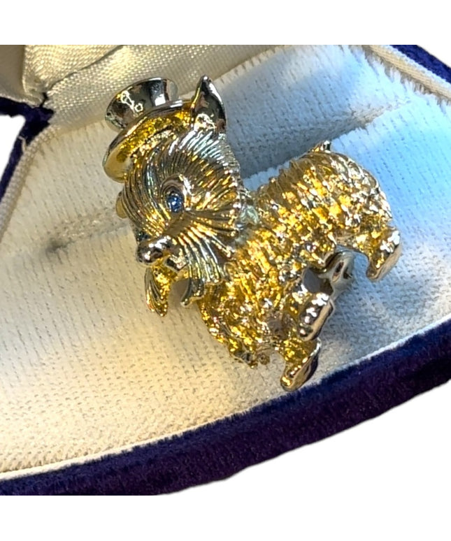 Vintage lovely C1970s gold tone dog brooch with rhinestone eyes