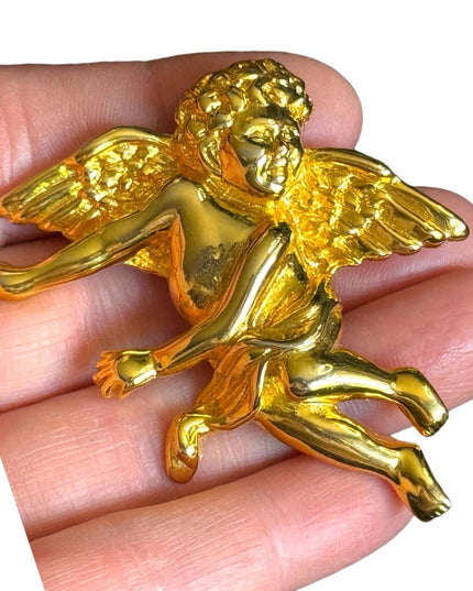 Vintage 1980s gold plated large angel brooch