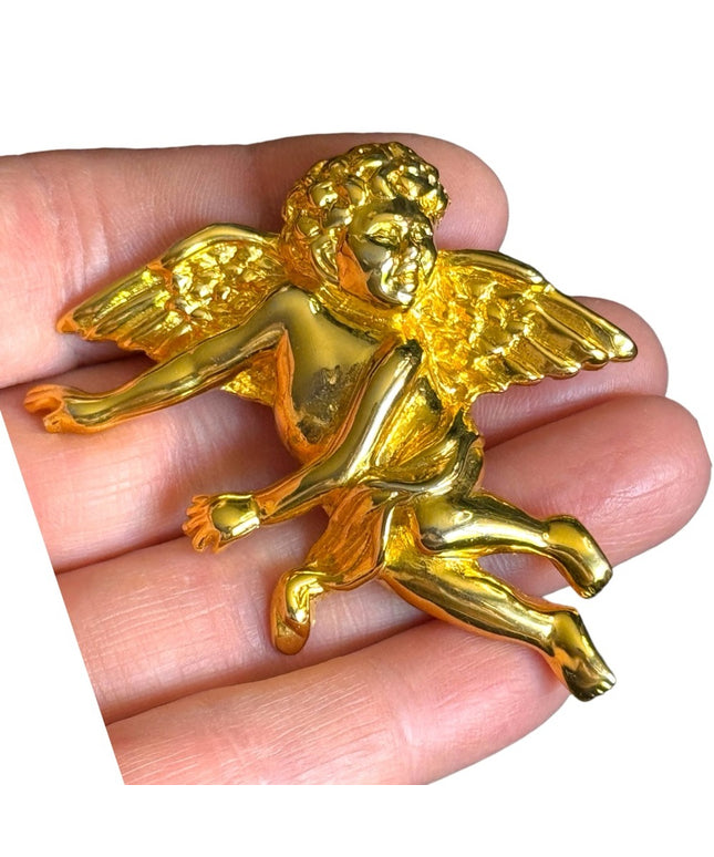 Vintage 1980s gold plated large angel brooch
