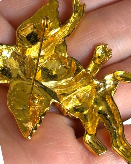 Vintage 1980s gold plated large angel brooch