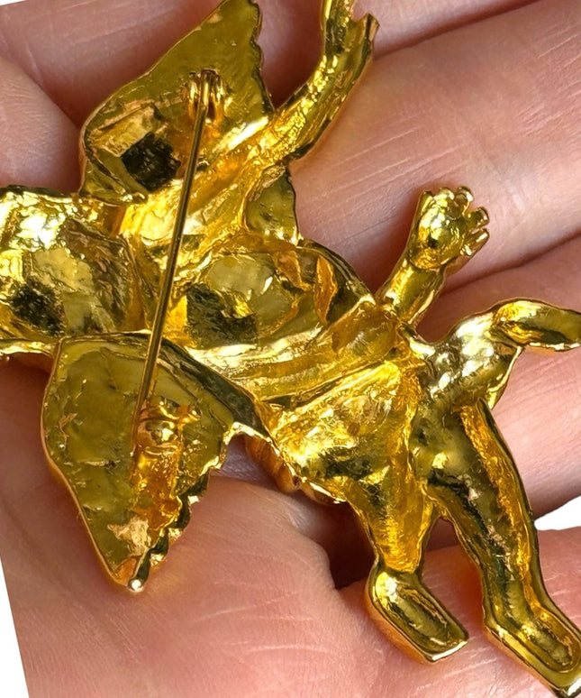 Vintage 1980s gold plated large angel brooch