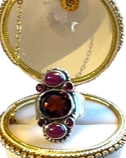 Lovely SAJEN Sterling silver Ruby & Rhodonite fancy BALI ring Sz 6