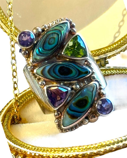- Lovely SAJEN Sterling silver Abalone Amethyst peridot fancy BALI ring Sz 6
