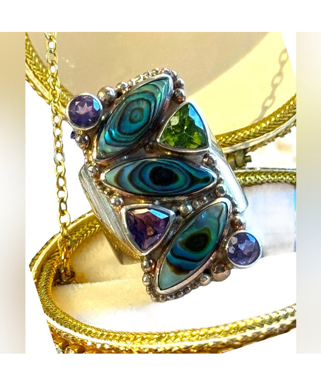 - Lovely SAJEN Sterling silver Abalone Amethyst peridot fancy BALI ring Sz 6