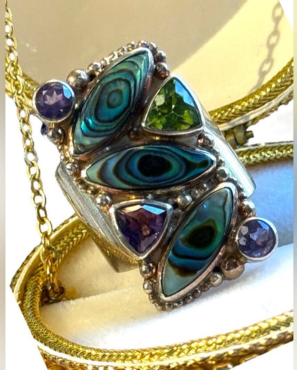 - Lovely SAJEN Sterling silver Abalone Amethyst peridot fancy BALI ring Sz 6