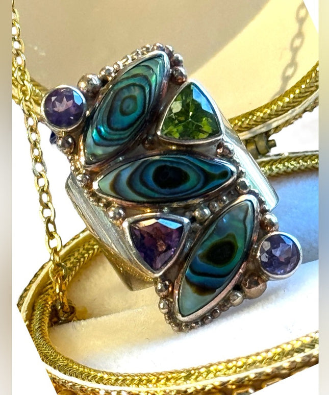 - Lovely SAJEN Sterling silver Abalone Amethyst peridot fancy BALI ring Sz 6
