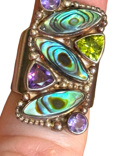 - Lovely SAJEN Sterling silver Abalone Amethyst peridot fancy BALI ring Sz 6
