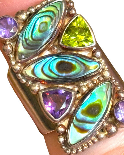 - Lovely SAJEN Sterling silver Abalone Amethyst peridot fancy BALI ring Sz 6